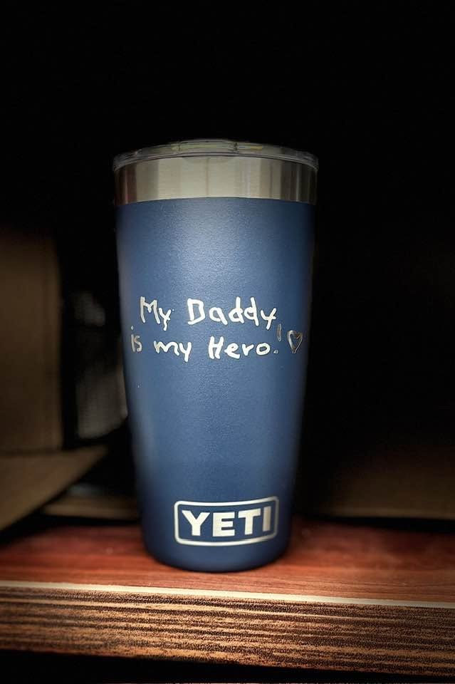 Navy tumbler engraved with the message My Daddy is my Hero